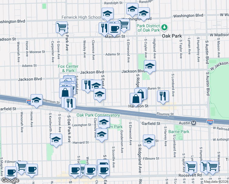 map of restaurants, bars, coffee shops, grocery stores, and more near 806 South Scoville Avenue in Oak Park
