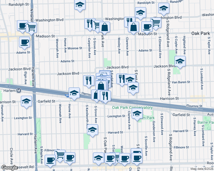 map of restaurants, bars, coffee shops, grocery stores, and more near 801 South Euclid Avenue in Oak Park