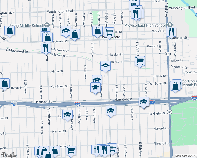 map of restaurants, bars, coffee shops, grocery stores, and more near 1514 South 9th Avenue in Maywood