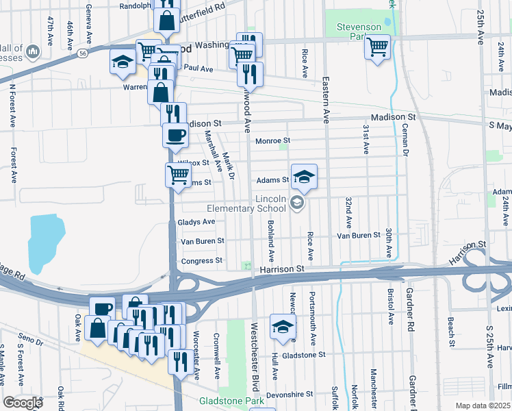 map of restaurants, bars, coffee shops, grocery stores, and more near 1005 Bellwood Avenue in Bellwood