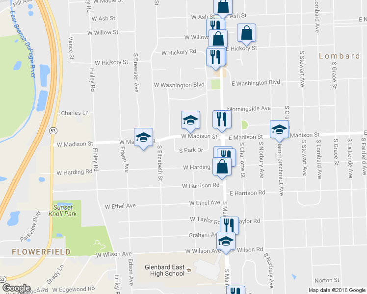 map of restaurants, bars, coffee shops, grocery stores, and more near 144 West Park Drive in Lombard