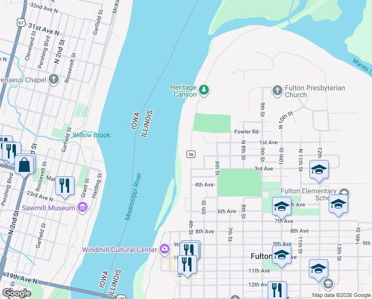 map of restaurants, bars, coffee shops, grocery stores, and more near 116 North 4th Street in Fulton