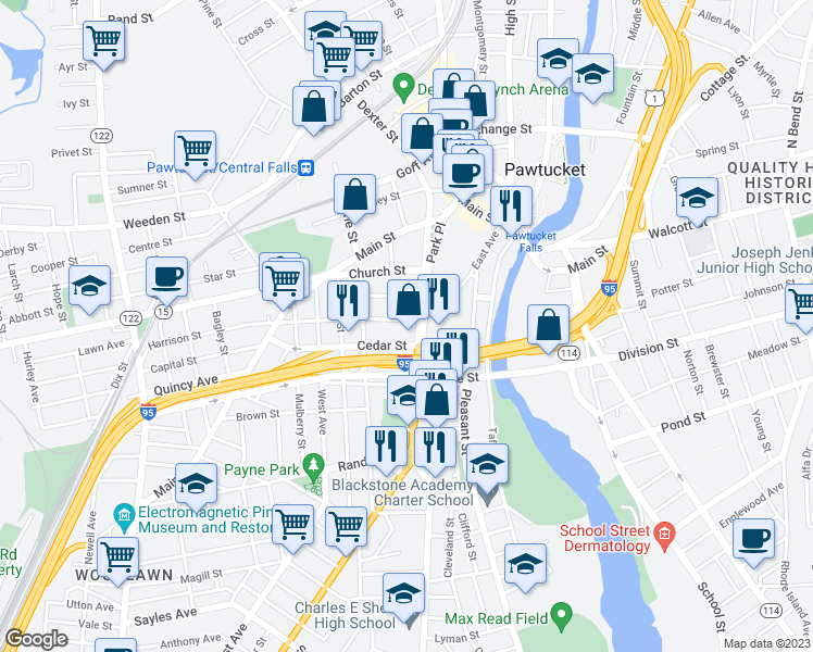 map of restaurants, bars, coffee shops, grocery stores, and more near 12 Harrison Street in Pawtucket