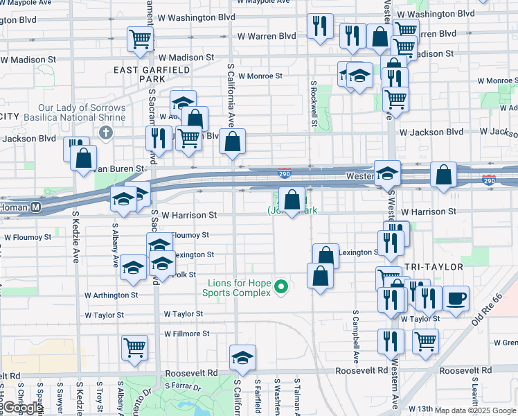 map of restaurants, bars, coffee shops, grocery stores, and more near 2720 West Harrison Street in Chicago