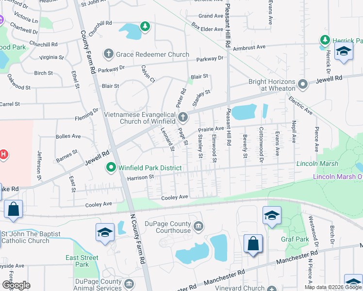 map of restaurants, bars, coffee shops, grocery stores, and more near 26W365 Prairie Avenue in Winfield