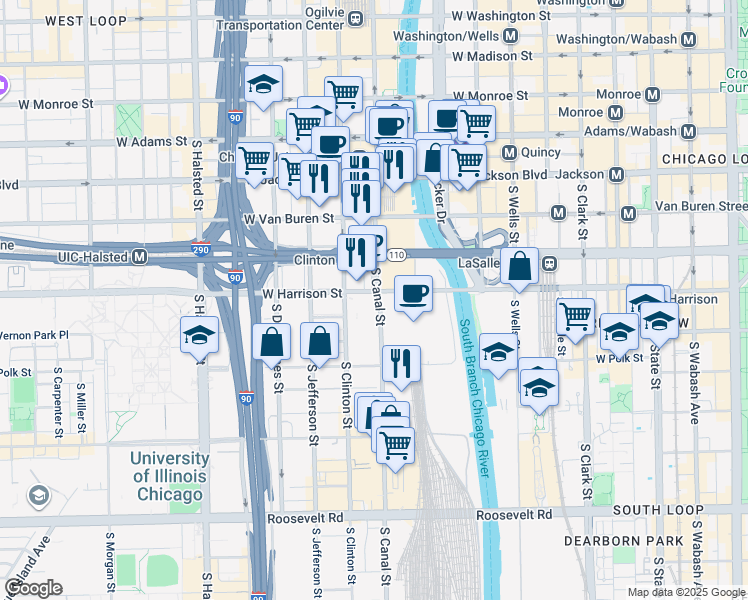 map of restaurants, bars, coffee shops, grocery stores, and more near 610 South Canal Street in Chicago