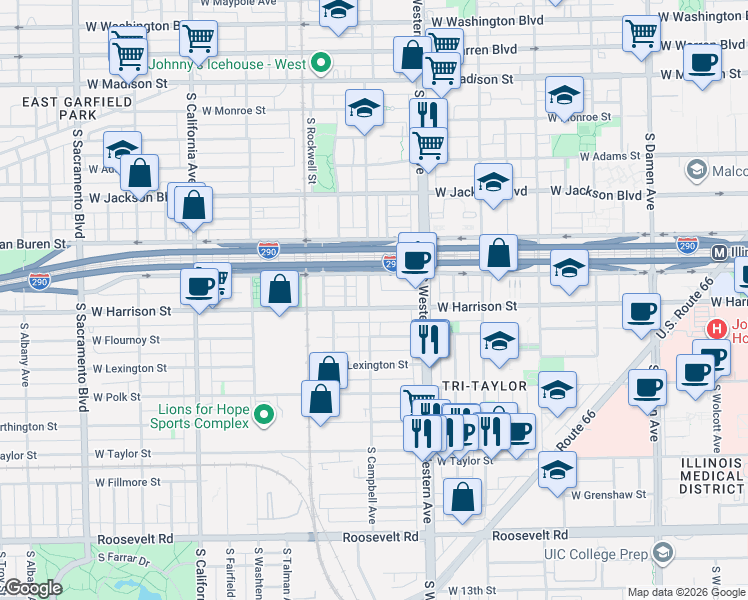 map of restaurants, bars, coffee shops, grocery stores, and more near 2454 West Harrison Street in Chicago