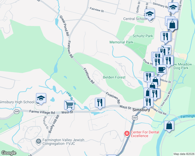 map of restaurants, bars, coffee shops, grocery stores, and more near 36 Firetown Road in Simsbury