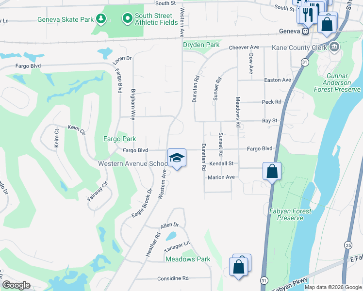 map of restaurants, bars, coffee shops, grocery stores, and more near 1223 Fargo Boulevard in Geneva