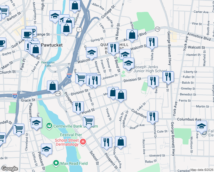 map of restaurants, bars, coffee shops, grocery stores, and more near 267 Division Street in Pawtucket