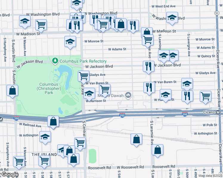 map of restaurants, bars, coffee shops, grocery stores, and more near 5426 West Congress Parkway in Chicago