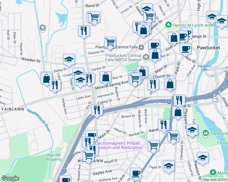 map of restaurants, bars, coffee shops, grocery stores, and more near 183 Harrison Street in Pawtucket