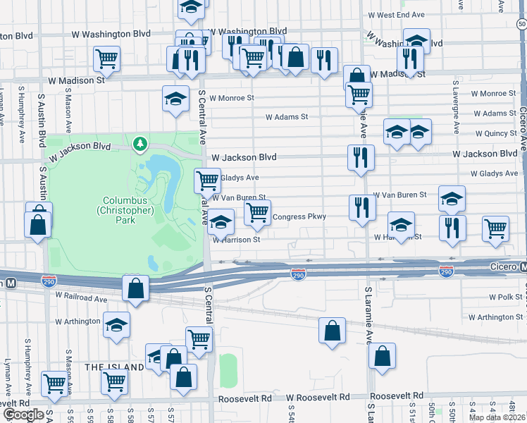 map of restaurants, bars, coffee shops, grocery stores, and more near 5426 West Congress Parkway in Chicago