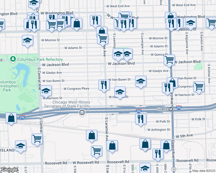 map of restaurants, bars, coffee shops, grocery stores, and more near 5128 West Congress Parkway in Chicago