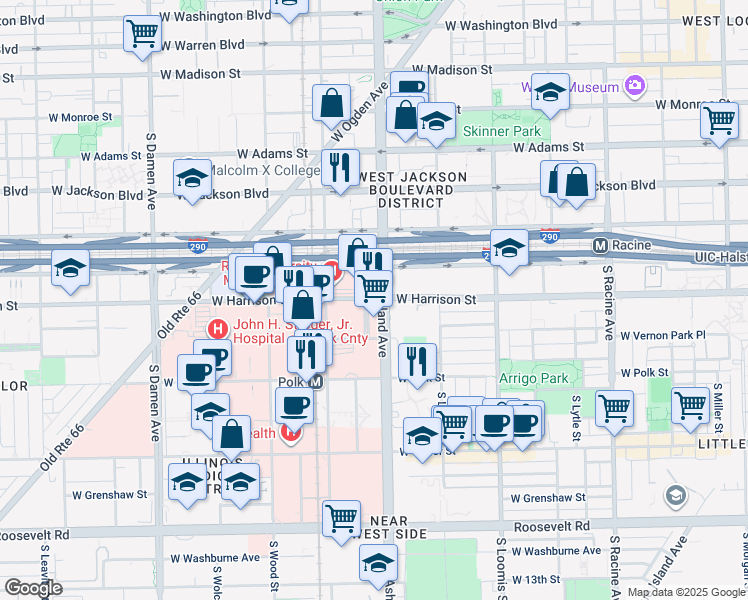 map of restaurants, bars, coffee shops, grocery stores, and more near 1611 West Harrison Street in Chicago