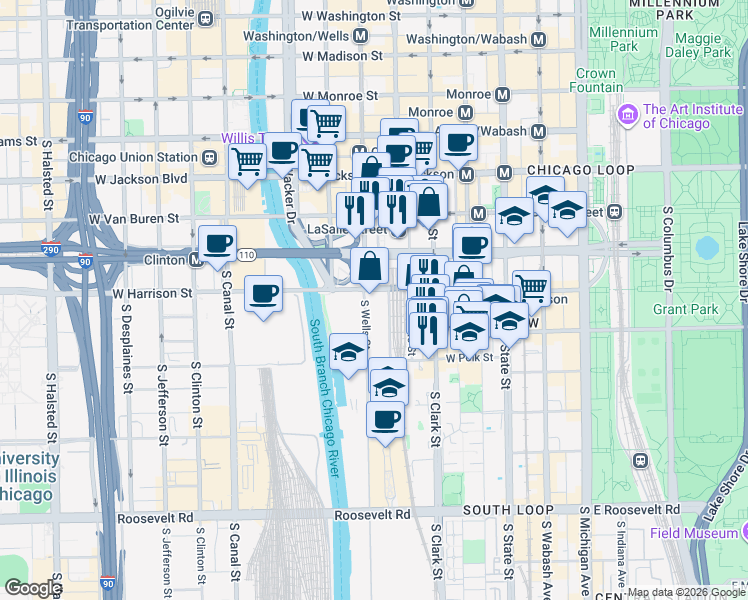 map of restaurants, bars, coffee shops, grocery stores, and more near 611 South Wells Street in Chicago