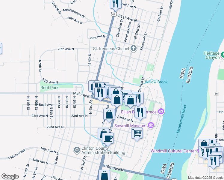 map of restaurants, bars, coffee shops, grocery stores, and more near 2500 Pershing Boulevard in Clinton