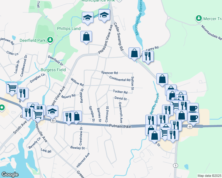 map of restaurants, bars, coffee shops, grocery stores, and more near 2 Tucker Road in Smithfield