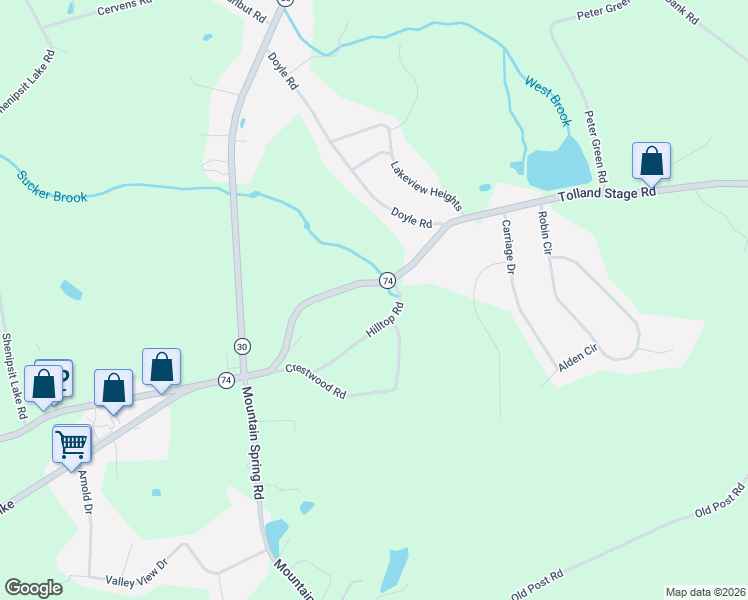 map of restaurants, bars, coffee shops, grocery stores, and more near 8 Hilltop Road in Tolland