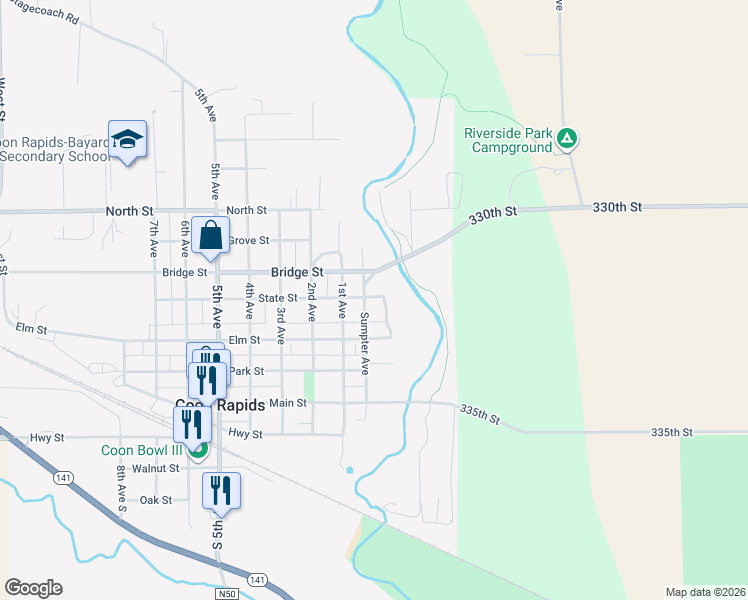 map of restaurants, bars, coffee shops, grocery stores, and more near 323 Sumpter Avenue in Coon Rapids