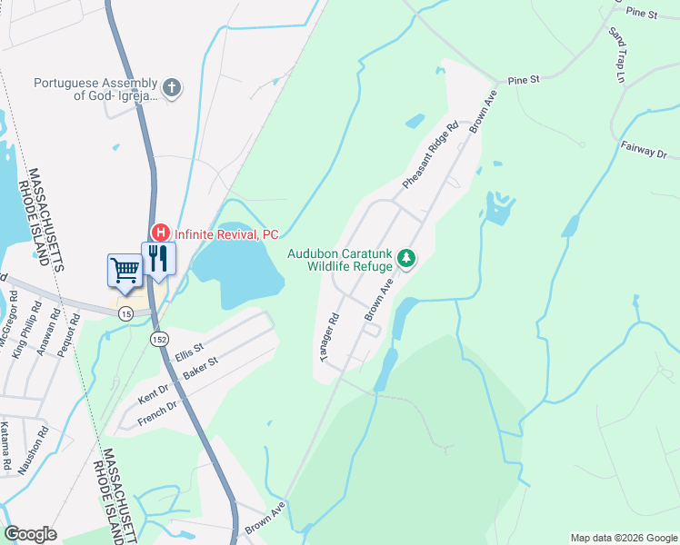 map of restaurants, bars, coffee shops, grocery stores, and more near 41 Meadowlark Drive in Seekonk