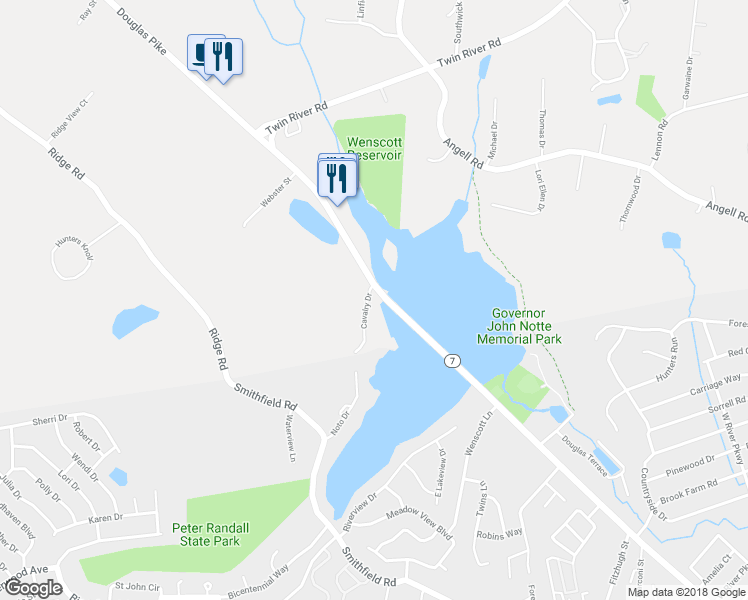 map of restaurants, bars, coffee shops, grocery stores, and more near 2 Douglas Pike in Smithfield