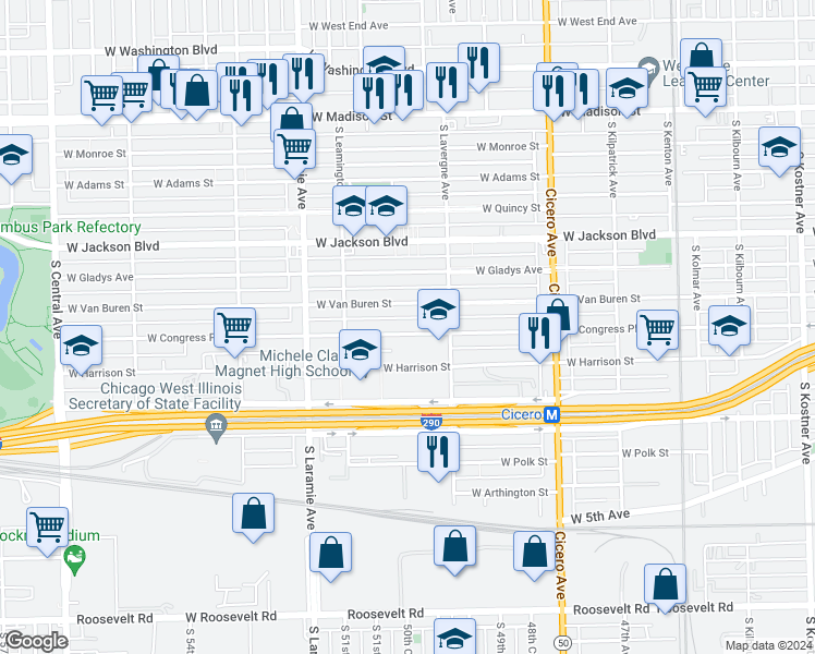 map of restaurants, bars, coffee shops, grocery stores, and more near 5040 West Congress Parkway in Chicago