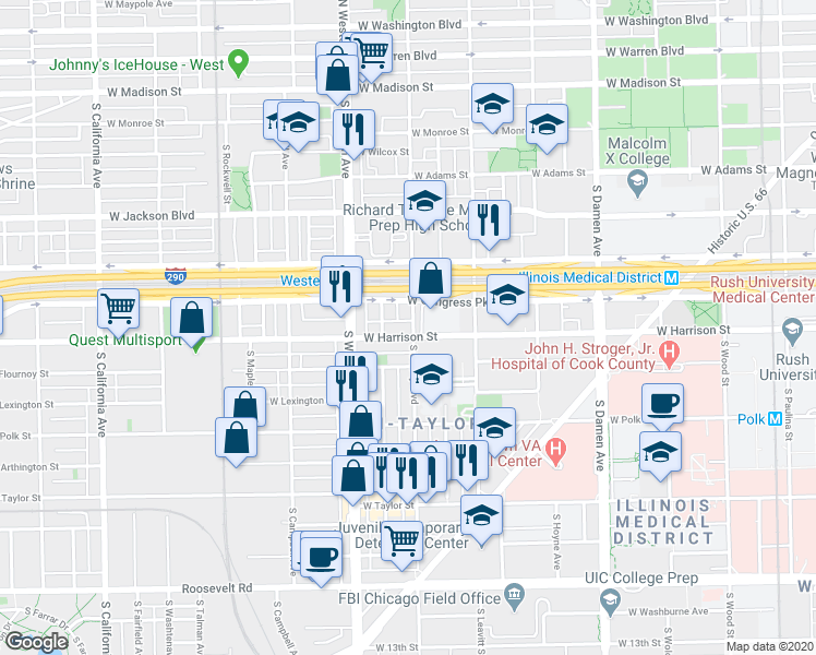 map of restaurants, bars, coffee shops, grocery stores, and more near 2304 West Harrison Street in Chicago