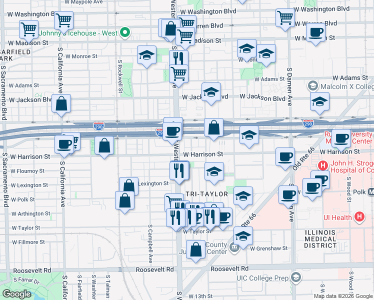 map of restaurants, bars, coffee shops, grocery stores, and more near 2342 West Harrison Street in Chicago