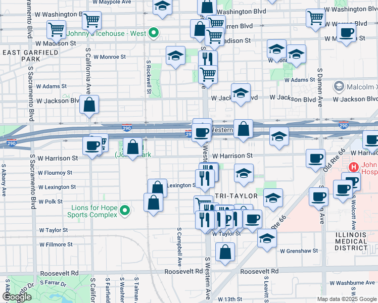 map of restaurants, bars, coffee shops, grocery stores, and more near 2414d West Harrison Street in Chicago