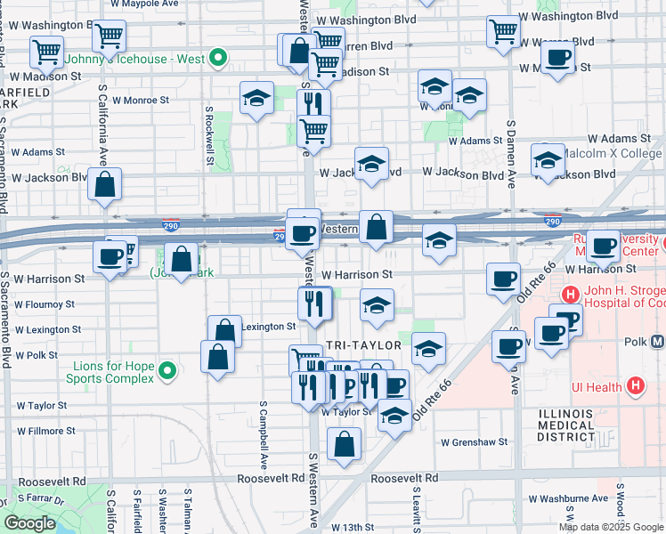 map of restaurants, bars, coffee shops, grocery stores, and more near 2332 West Harrison Street in Chicago