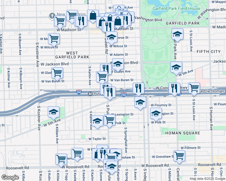 map of restaurants, bars, coffee shops, grocery stores, and more near 3841 West Congress Parkway in Chicago