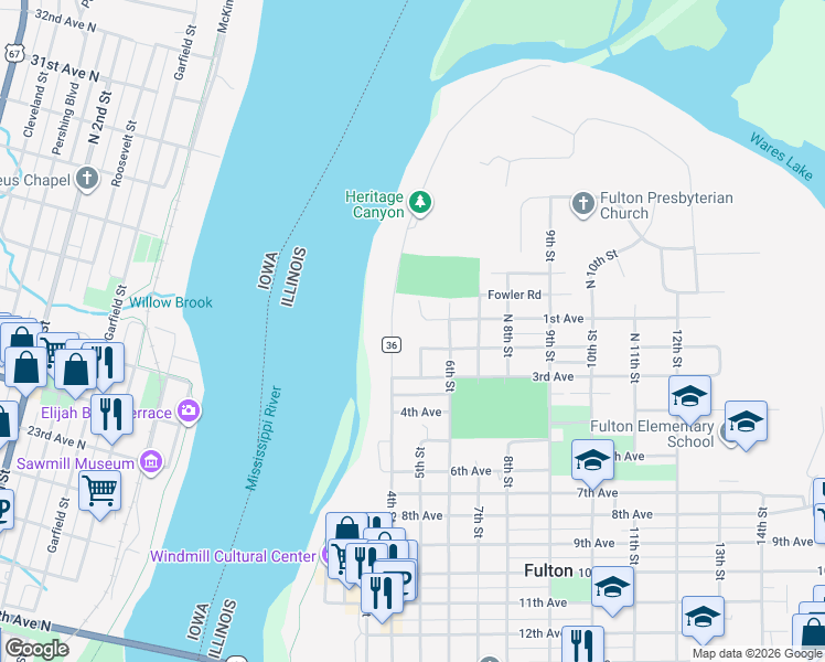 map of restaurants, bars, coffee shops, grocery stores, and more near 124 5th Street in Fulton