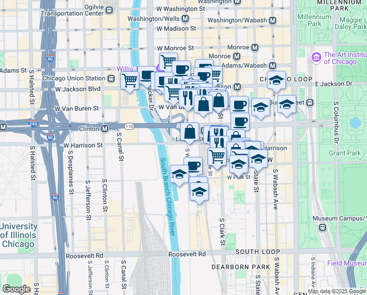 map of restaurants, bars, coffee shops, grocery stores, and more near 221 West Harrison Street in Chicago