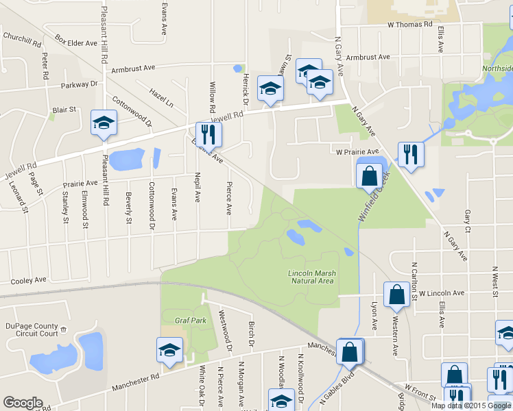 map of restaurants, bars, coffee shops, grocery stores, and more near N55 Cobblestone Ln in Wheaton