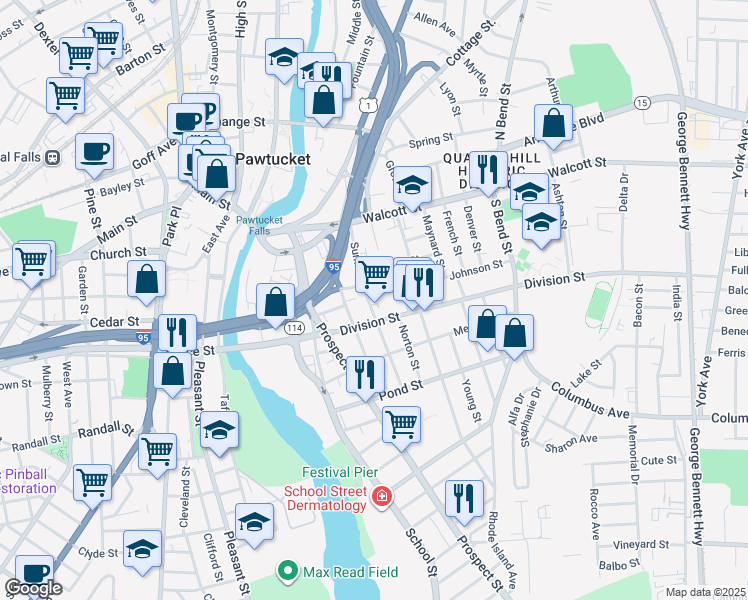 map of restaurants, bars, coffee shops, grocery stores, and more near 180 Division Street in Pawtucket