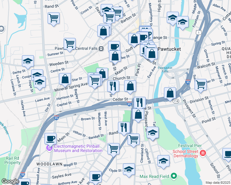 map of restaurants, bars, coffee shops, grocery stores, and more near 71 Cedar Street in Pawtucket