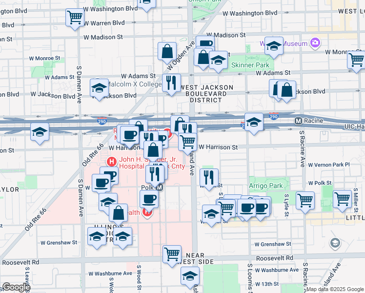 map of restaurants, bars, coffee shops, grocery stores, and more near 1611 West Harrison Street in Chicago