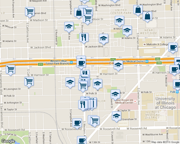 map of restaurants, bars, coffee shops, grocery stores, and more near 2344 West Harrison Street in Chicago