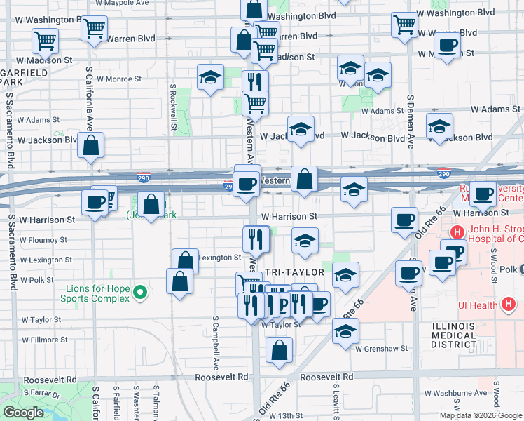 map of restaurants, bars, coffee shops, grocery stores, and more near 2344 West Harrison Street in Chicago