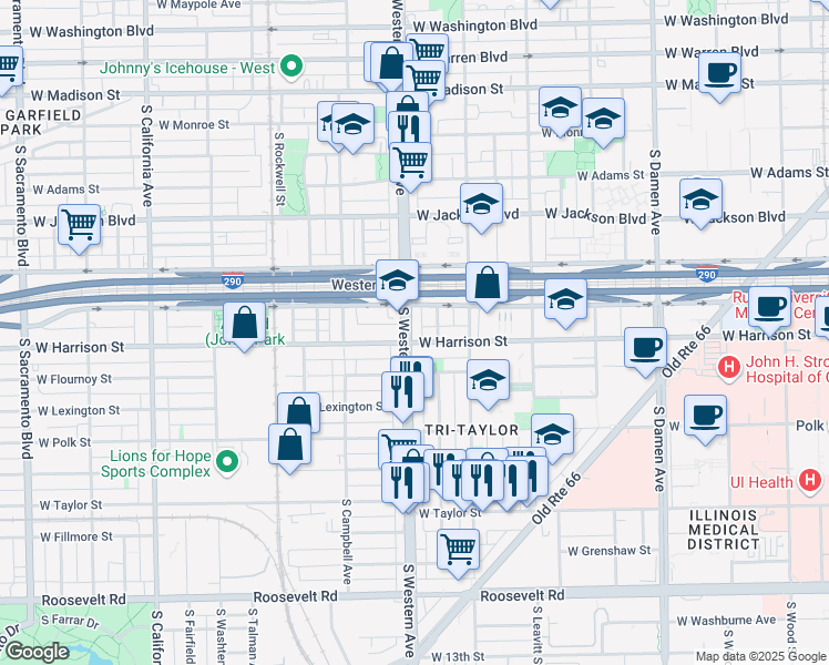 map of restaurants, bars, coffee shops, grocery stores, and more near 2344 West Harrison Street in Chicago