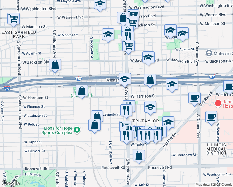 map of restaurants, bars, coffee shops, grocery stores, and more near 2414d West Harrison Street in Chicago