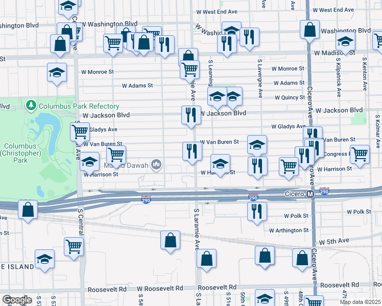 map of restaurants, bars, coffee shops, grocery stores, and more near 5128 West Congress Parkway in Chicago
