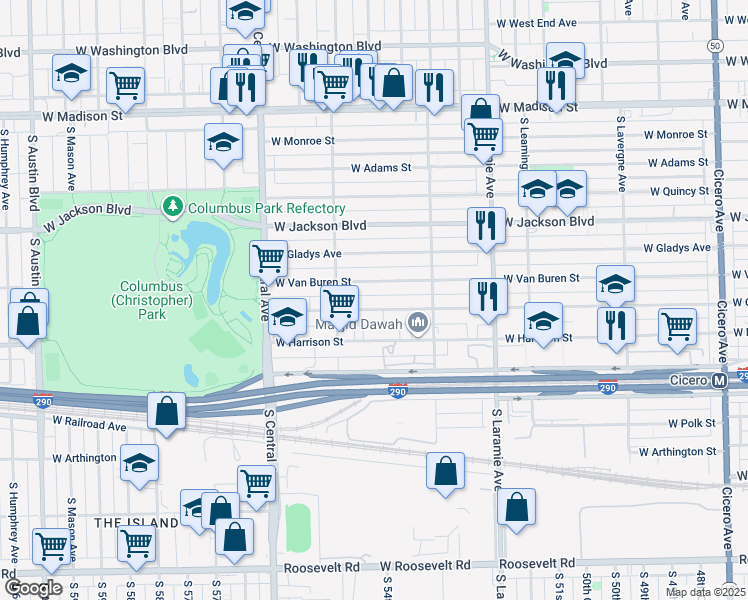 map of restaurants, bars, coffee shops, grocery stores, and more near 5426 West Congress Parkway in Chicago