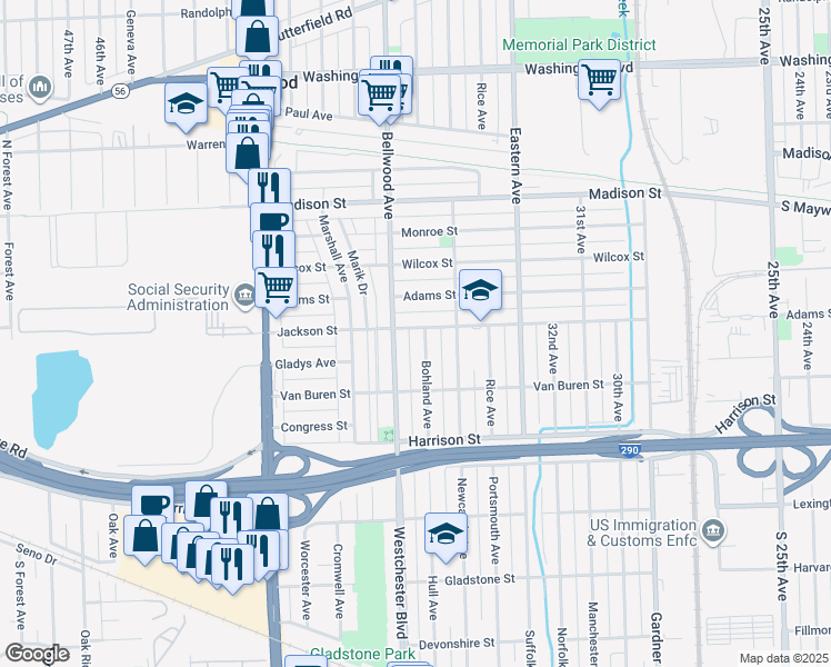 map of restaurants, bars, coffee shops, grocery stores, and more near 1005 Bellwood Avenue in Bellwood