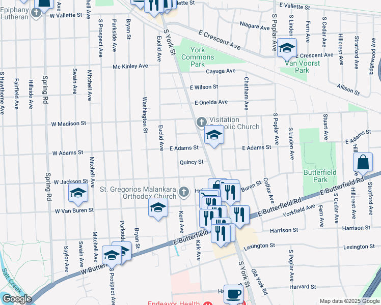 map of restaurants, bars, coffee shops, grocery stores, and more near 143 Quincy Street in Elmhurst