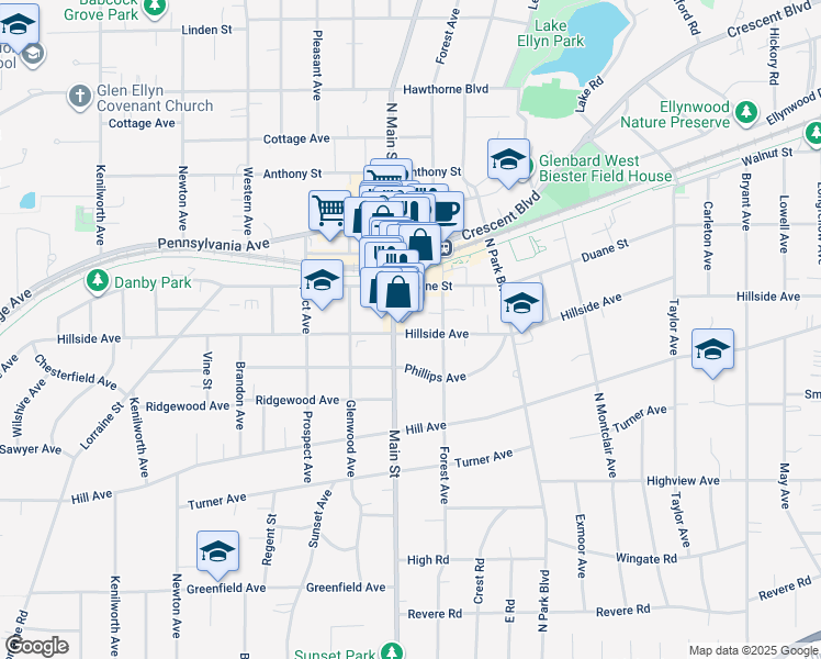 map of restaurants, bars, coffee shops, grocery stores, and more near 520 Hillside Avenue in Glen Ellyn