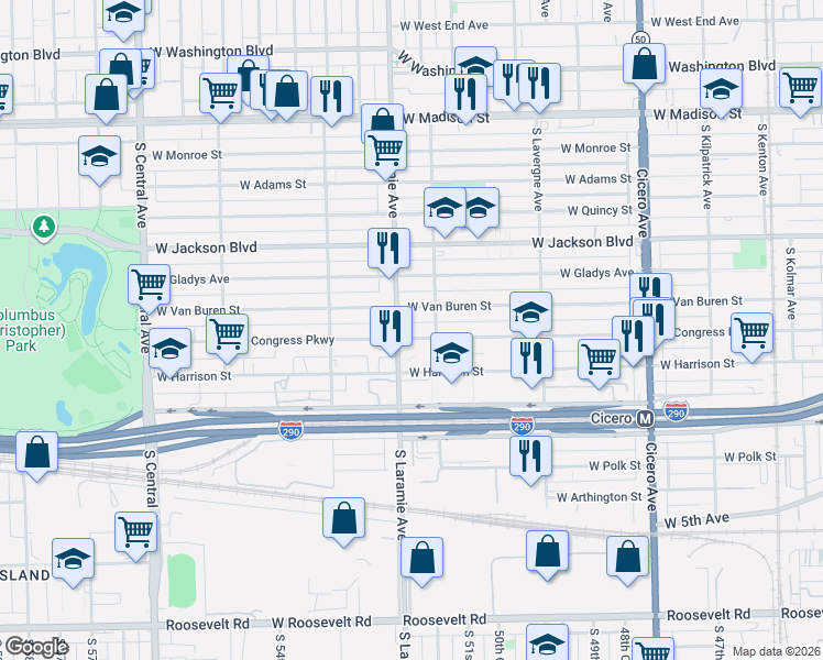 map of restaurants, bars, coffee shops, grocery stores, and more near 5128 West Congress Parkway in Chicago