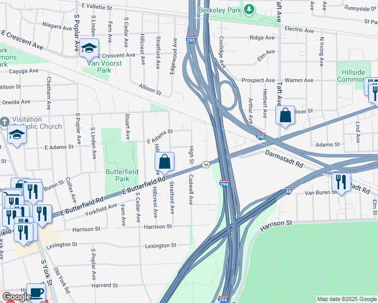 map of restaurants, bars, coffee shops, grocery stores, and more near 850 Princeton Court in Elmhurst