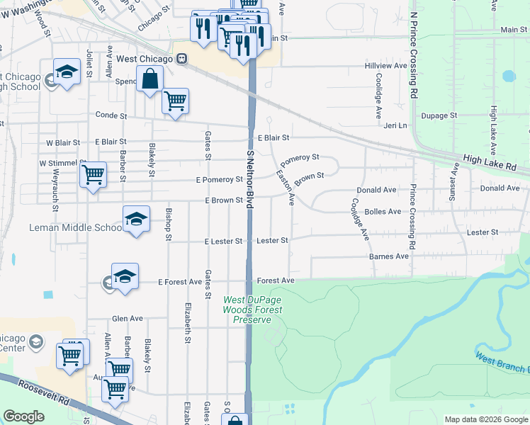 map of restaurants, bars, coffee shops, grocery stores, and more near N140 Sarana Avenue in West Chicago